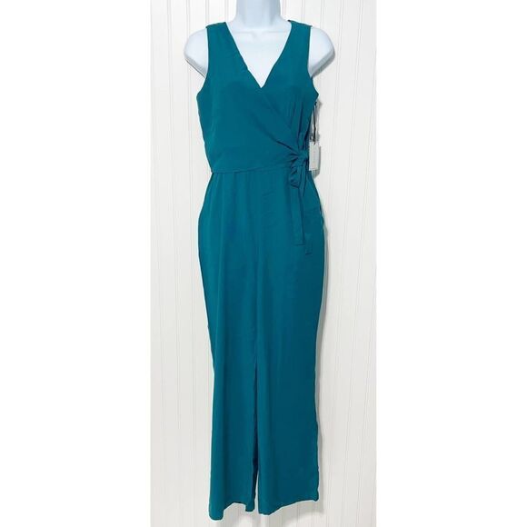 1.State Women's Twill Sleeveless V-Neck Wrap Front Jumpsuit Emerald Green Size 0 - Picture 2 of 16